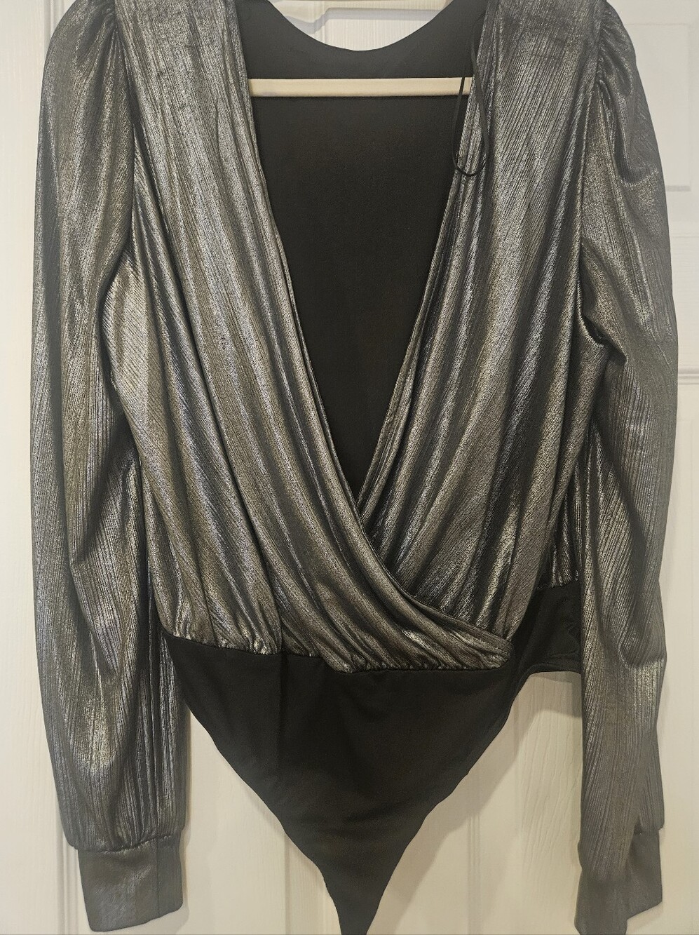 LG Metallic Silver Wrap-Front Long Sleeve Bodysuit